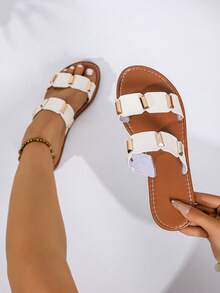 Plus Size Women Summer Fashion Solid Color Metal Slides Sandals, Comfortable Slip-On Beach Shoes
