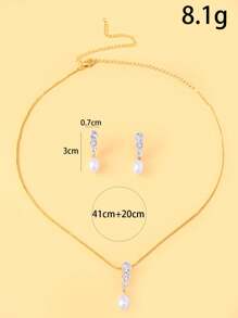 1 Set Gold Metal Thin Chain Diamond-Studded Pearl Necklace And Earring Set, Suitable For Party, Event And Daily Accessories