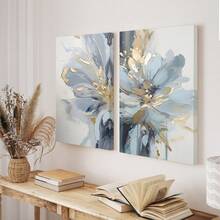 2 piezas Pintura en lienzo con estampado de flores abstracto moderno y lujoso en azul claro y dorado, póster de flores abstractas para decoración de sala de estar, dormitorio y estudio, sin marco - Azul - Ver 11