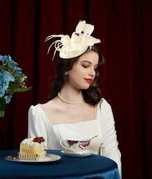 Derby Fascinators Women High Tea Party Hat Wedding Cocktail Flower Headware With Mesh And Feathers - Y-krem - View 2