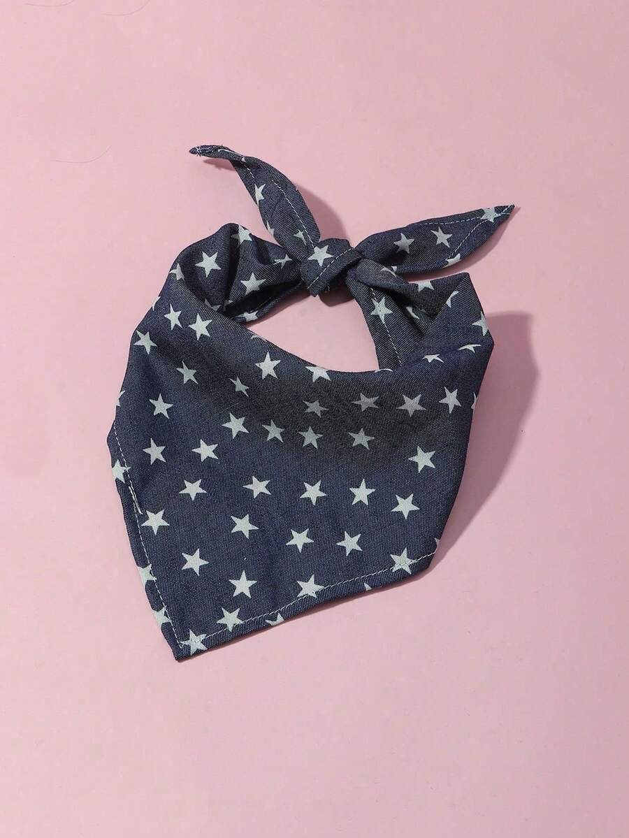 1pc Pet Triangular Bandana, Dog Star Pattern Bib Scarf, Unilayer Pet Bandana 65cm/25.59 Inch - Navy Blue - View 1