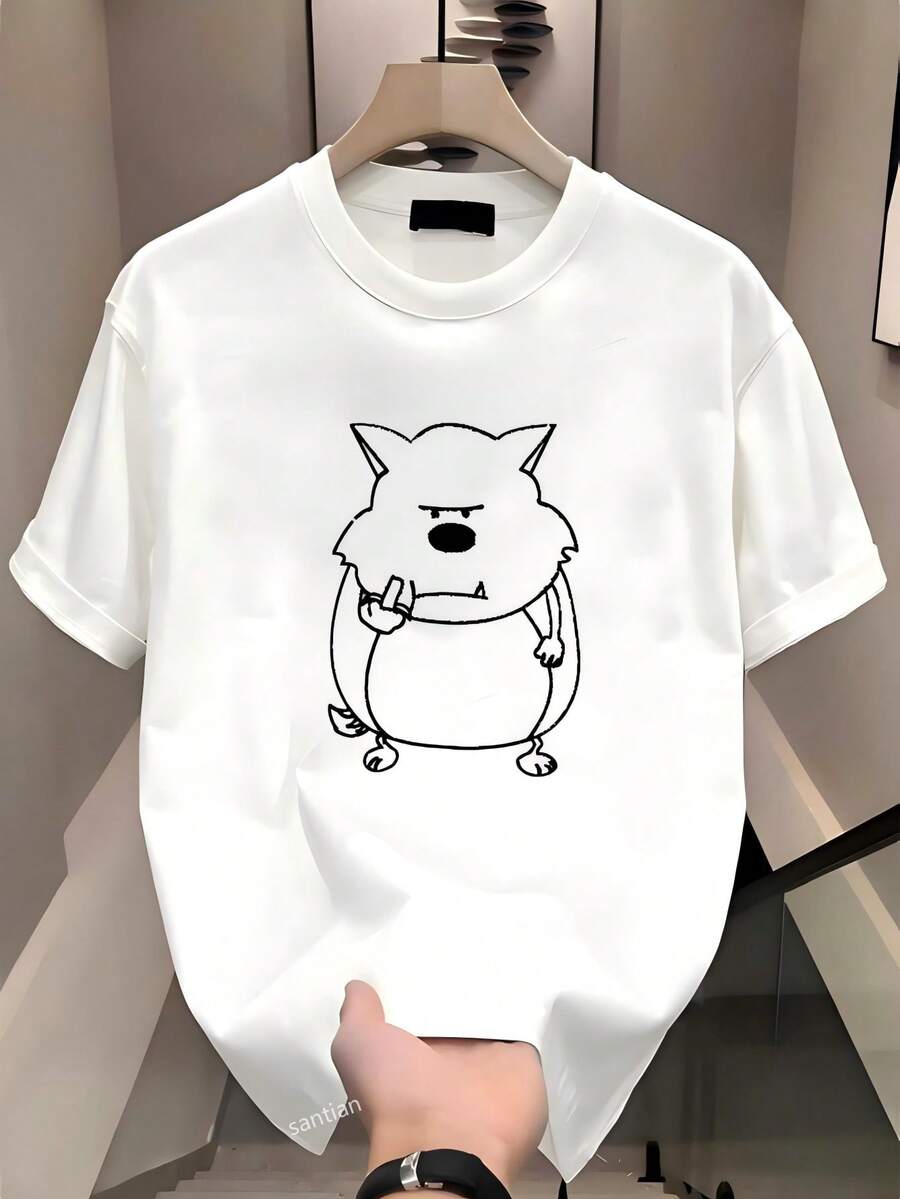 Men's Short Sleeve, Funny Anime Short Sleeve White T-Shirt, Cartoon Style Wolf Head Pattern, Fierce Facial Expression, Tongue Sticking Out, 100% Pure Cotton, Loose And Comfortable - 白色 - 查看 1