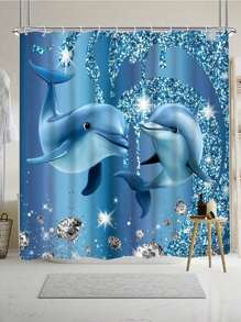 1/4 Stücke Set mit niedlichem Cartoon Delfin Strass-Sprühfarbe Meereskreatur moderne Kunst Dekoration, enthält 12 Haken wasserdichter Duschvorhang, rutschfeste Badematte, U-förmiger Toilettendeckel, Heim Dekoration Geschenk Schulanfang