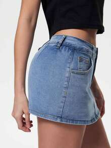 Women Denim Skort Skirt Stretchy Mid Waist Y2K Sexy Mini Skirts Dressy Casual Jean Skorts - 淺色水洗藍 - 查看 4