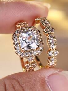 Bộ 2 chiếc nhẫn Cubic Zirconia vuông thời trang & thanh lịch, thích hợp cho phụ nữ đeo trong đám cưới, tiệc tùng, tụ họp - Vàng - Xem 2