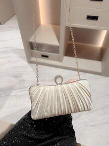 Women's Elegant Pleated Box Design Party Handbag, Luxury Rhinestone Clutch, Charming Formal Evening Bag Suitable For Date, Dance, Birthday, Party And Other Formal Occasions,Pleated Satin Design Box Shape Evening Clutch, Formal Banquet Handbag For Party, Formal Dress, Ball, Wedding