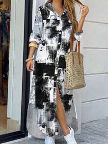 Loose Shirt Dress With Buttons Front, Casual Solid Color Split Hem Dress In Spring And Autumn, Shirt Dresses For Women - 黑色 - 查看 3