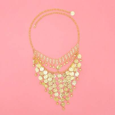 Vintage Style Metal Inverted Triangle Face Mask With Coin & Tassel Decor, Fashion Masquerade Prop,Halloween