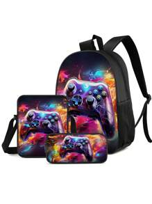 3 Pieces Set Backpack For Boys Girls, Kids Game Controller Patterned Backpack For Teens Elementary Middle High School Students, Large Capacity School Bags With Shoulder Bags And Pencil Case For Back To School Gift