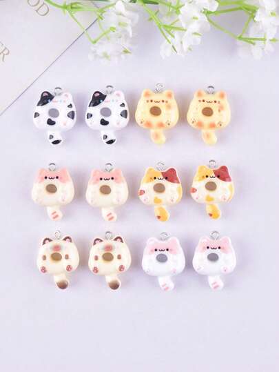 12pcs Assorted Cute Donut, Cat & Animal Shaped Resin Jewelry Pendant, Earring, Necklace Accessories For Women DIY Jewelry Making