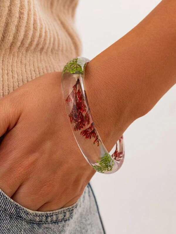 1 pieza Brazalete ancho transparente con flores exageradas, brazalete de acrílico con flor de margarita de flores secas de colores, estilo europeo y americano tipo INSTA para mujeres