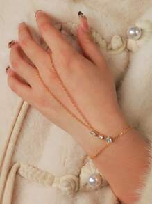 1 Stück minimalistischer goldener Metallketten-Fingerring-Armreif, dekoriert mit Strass, modische Strandaccessoires für Frauen