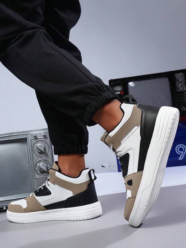 Men's Comfortable Lightweight Color Block Casual Shoes, Versatile Everyday Wear, Simple Stylish Lace-Up High Top Sneakers For Casual, Commuting