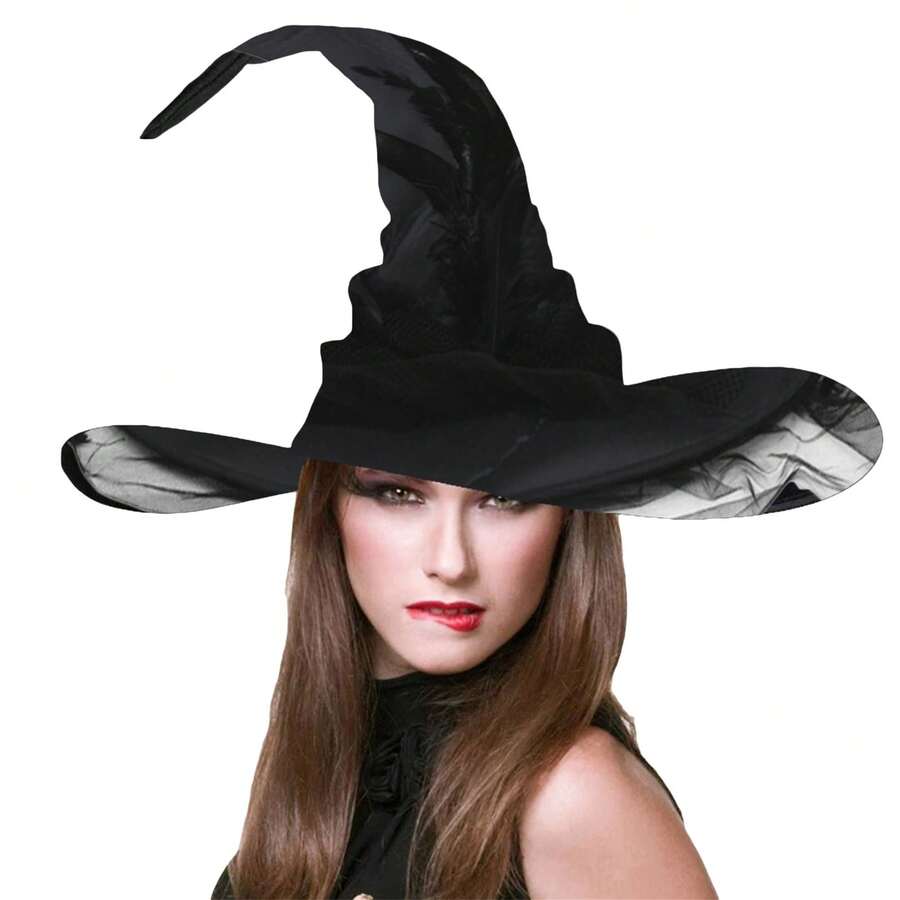 Large Ruched Witch Hat Women Halloween Wizard Hat Costume Cosplay Accessory Feather Witch Hats For Halloween Party - màu đen - Xem 1