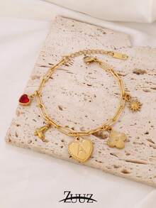 1pc Fashionable Stainless Steel A-Z Heart-Shaped Letter Pendant Bracelet, Women's Initial Butterfly, Heart, Sun, Clover Pendant Bracelet, Couple Jewelry Gift, Suitable For Daily Wear - Bracelet - View 3