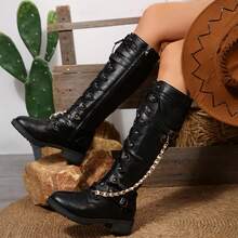1 Paar Damen Schwarz Kunstleder Kniehohe Stiefel, Schnürdesign mit Nieten & Kettendetails, Punk-Western Stil, ideal für Herbst/Winter Alltag & Ausgehen