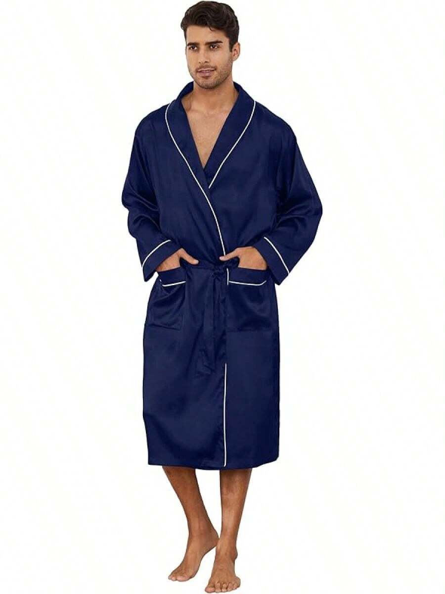 Men's Satin Robe Lightweight,Men's Luxurious Silk Kimono Bathrobe - Navy - View 1