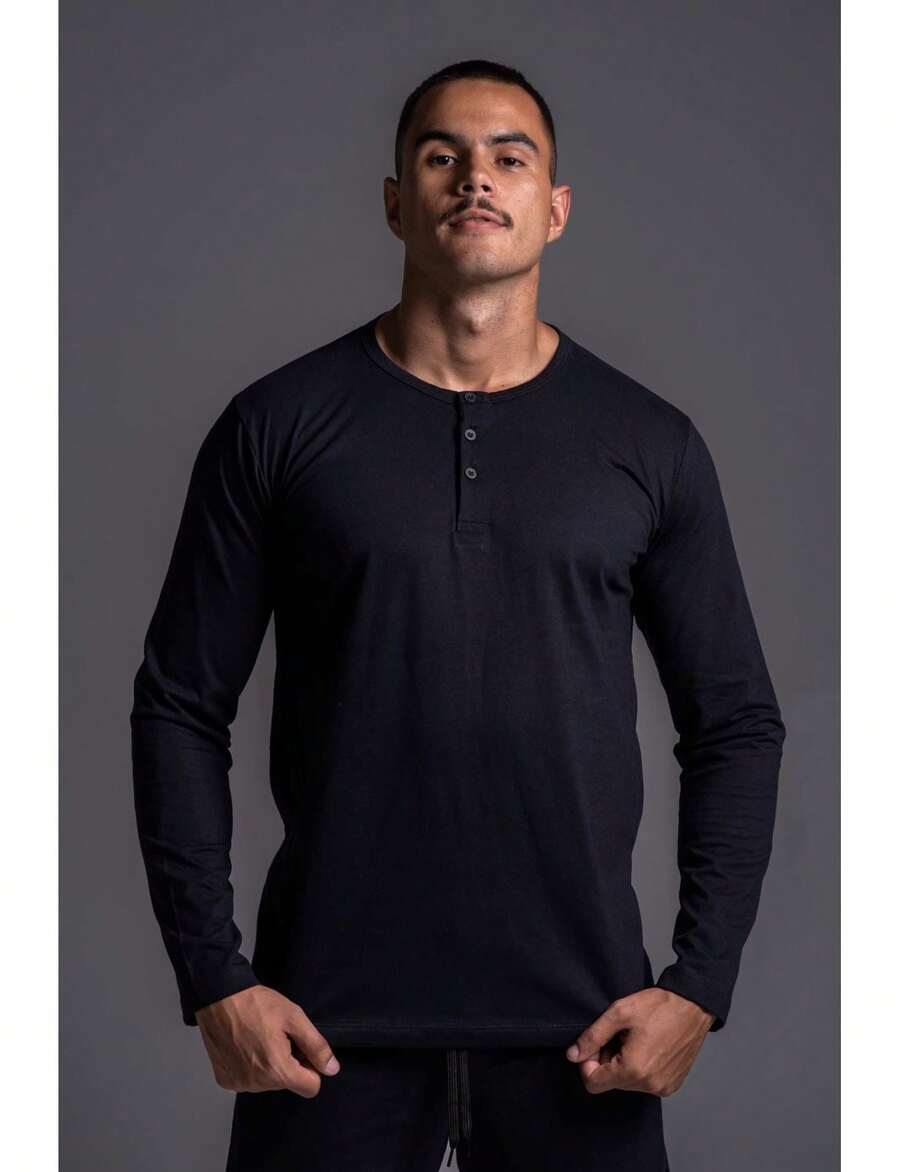 Long Sleeve Henley T-Shirt - 黑色 - 查看 1