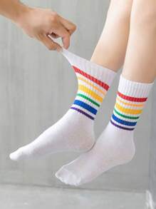 1/2 par de medias muslo alto de mujer con estampado arcoíris blanco y negro LGBTQ