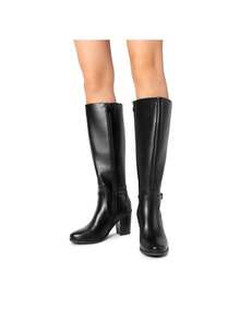 Women's Knee-High Boots, Comfortable Chunky Block Heel Pointed Toe Pull On Side Zipper Suede Slouch Riding Boots - Black/PU - View 11