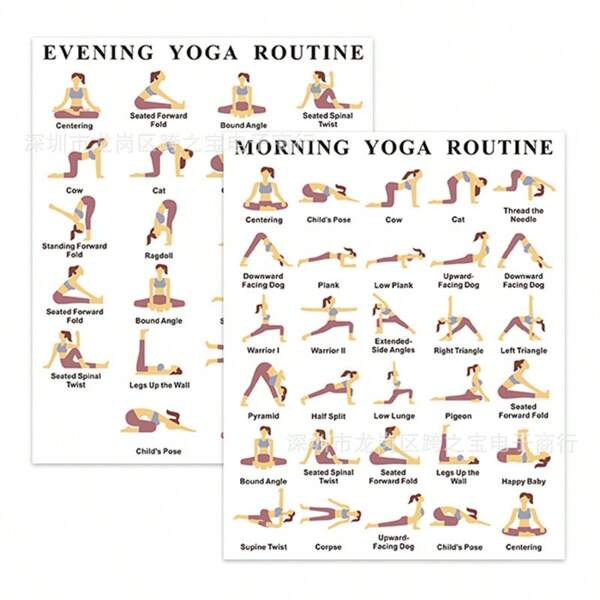 1 pieza/2 piezas Póster de papel sin marco de guía de estiramiento de Body completo de yoga para decoración del hogar, gimnasio y oficina. Rutinas de la tarde y la mañana con posturas paso a paso, desafíos de fitness ilustrados y entrenamientos, decoración de yoga