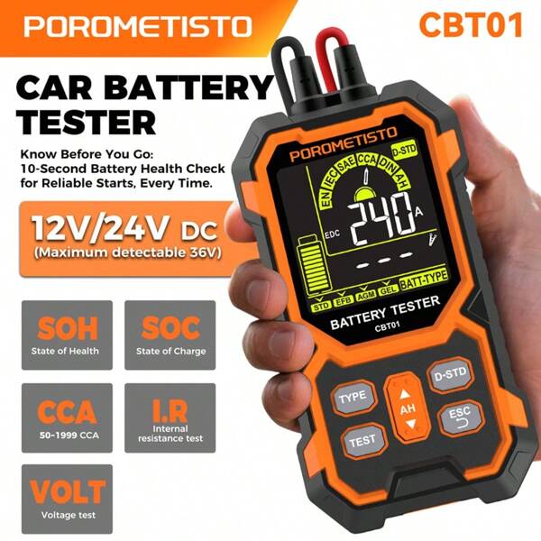 POROMETISTO Probador de batería de coche y motocicleta POROMETISTO CBT01 de 12V y 24V, probador de batería de ácido de plomo 1999 CCA que mide voltaje, SOH, SOC y CCA