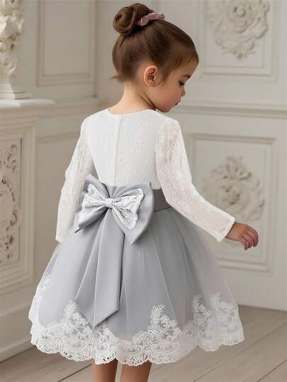 女童蕾丝长袖蝴蝶结网纱优雅花童公主裙，适合学校、钢琴演奏会、正式场合穿着，不含头饰