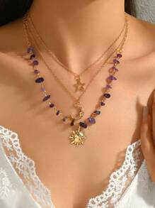 1 Set Of 3pcs , Versatile And Unique Sun, Moon, Star Colored Necklace Set. Asymmetrical Stone Pendant Layered Necklace With Sun, Moon And Star Charms, Suitable For Women's Daily, Vacation, And Party Wear (Stone Color And Shape Random)