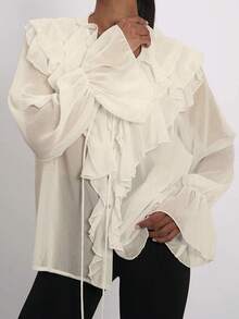 Women Basic Button Up Tops Casual Ruffles Long Sleeve Shirt Blouses - Champagne - View 2