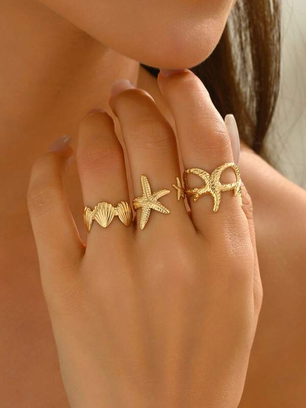 3-Piece Set Seashell & Starfish Design Adjustable Rings, European & American Style Unique Fashion Jewelry Suitable For Women Outdoor/Travel Outfit