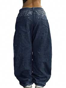 Women's Hip Hop Baggy Jeans Wide Leg Mid-Low Waist Jeans Loose Boyfriends Jeans 90s Vintage Denim Pants - Dark Blue - 查看 3