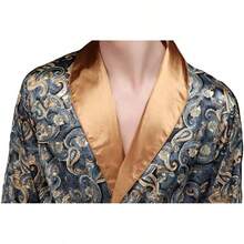 Lavenderi Mens Silky Satin Lounge Robe, Long Lightweight Sleepwear - 海軍藍印花 - 查看 2
