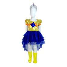 vestido corte de princesa  para las pequeñas con corana tela  de lentejuela transparente - azul/dorado/amarilo - Ver 2