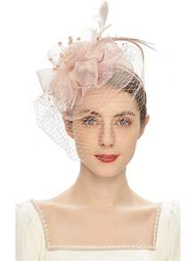 Derby Fascinators Women High Tea Party Hat Wedding Cocktail Flower Headware With Mesh And Feathers - A-blush Pink - View 4