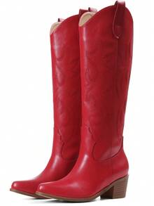 Women's Solid Color Stylish Fall Boots, Easy Comfy Pull On Embroidered Chunky Heel Knee High Boots, Point Toe Western Cowboy Heeled Boots For Woman - 紅色B - 查看 2