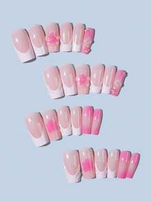 24 片长方形 3D 立体凝胶指甲制作花朵指甲与珍珠装饰设计白色法式亚克力按压指甲长完美贴合假指甲套装，易于佩戴夏季指甲和法式尖头指甲艺术适合女性女孩日常工作穿着狂欢派对使用指甲用品指甲