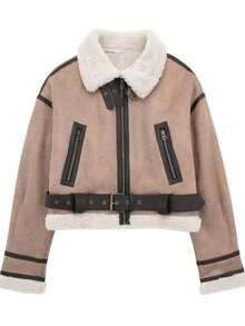 Áo khoác mô tô lót lông giả Seelio dành cho nữ mùa thu/đông mới, kiểu dáng ngắn - Màu Khaki - Xem 9