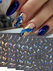 3pcs Multi-Stripe Golden Foil Print Wave Line Nail Art Stickers & Decals Marble Blue Purple Brown Geometry Abstract Flowers Nail Art Sliders Decals Foils Self-Adhesive DIY Nail Charm Nail Art Decorations Nail Supplies Nails