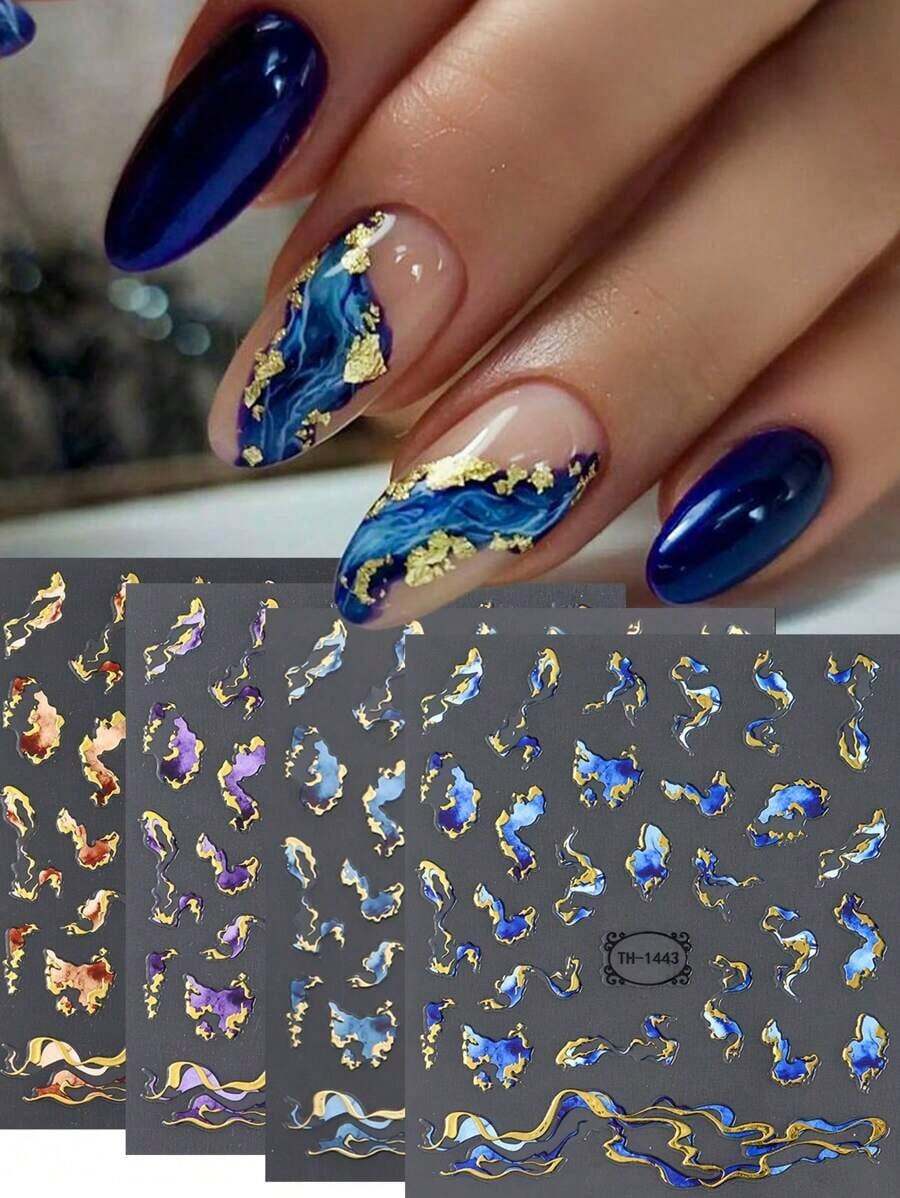 3pcs Multi-Stripe Golden Foil Print Wave Line Nail Art Stickers & Decals Marble Blue Purple Brown Geometry Abstract Flowers Nail Art Sliders Decals Foils Self-Adhesive DIY Nail Charm Nail Art Decorations Nail Supplies Nails