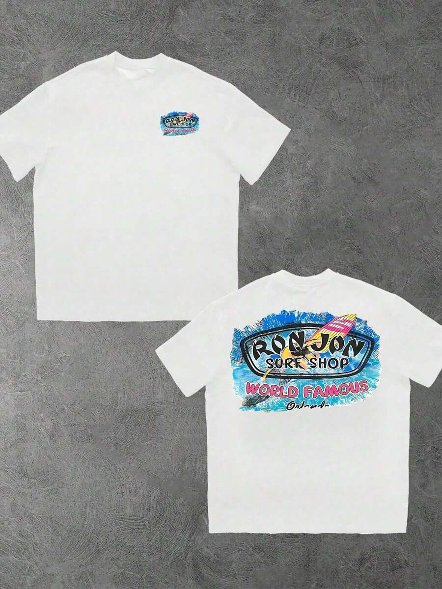 Surf Shop Design Men Round Neck T Shirt 1Pcs 100% Cotton Double Sided Digital Printing 220g Heavyweight T Shirt - 白色 - 查看 1