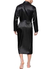 Lavenderi Mens Silky Satin Lounge Robe, Long Lightweight Sleepwear - Negro - View 3