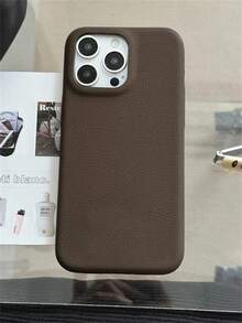 Funda para teléfono (1 unidad), lujosa, color sólido, con estampado de cuero de lichi, TPU suave, compatible con phone 12, 13, 14, 15, 16 - Marrón - Ver 5