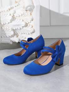 Autumn/Winter Wedding & Casual Fashion High Heel Mary Jane T-Strap Shoes, Chunky Heel Shoes, Velvet Formal Work Pumps, Blue Office Lady Outdoor Shoes (Note: Shoes Run Large, Those With Slim Feet May Consider Ordering 0.5 Size Smaller Or Check The Size Parameters Before Purchase) - 水藍色 - 查看 7