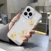 Elegant Beige Hibiscus Flowers Pearls Background Element Design-Clear Phone Case With Air Cushion Corners For IPhone 15 Pro /IPhone [16/15/14/13/12/11 Pro Max]|Shockproof |Ultra Thin |Anti-Scratch-Cute Gift For Girls, BFF - 無色 - 查看 3