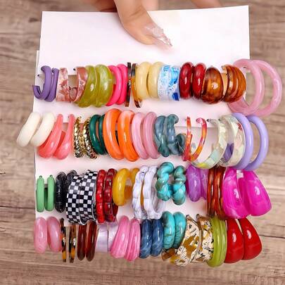 10pcs/40pcs Assorted Color Acrylic Resin C-Shape Hoop Earrings Set, Asymmetrical Colors