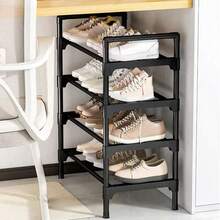 3-4-5层鞋架，可容纳12-15双鞋，坚固的可堆叠鞋架，可扩展和可调节的鞋子收纳架，耐用的金属鞋子收纳架 - 黑色 - 查看 1
