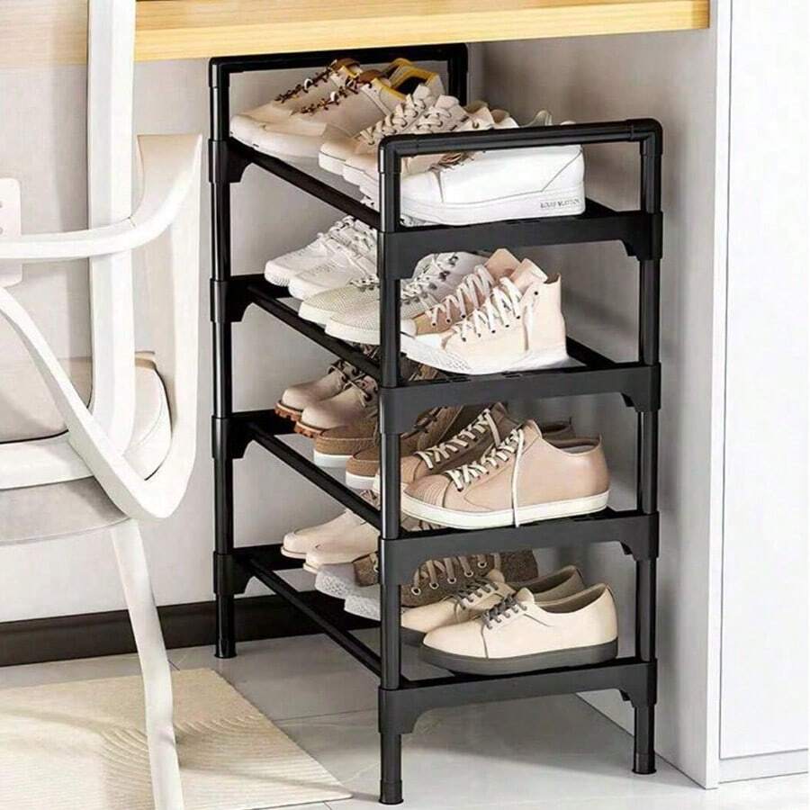 3-4-5层鞋架，可容纳12-15双鞋，坚固的可堆叠鞋架，可扩展和可调节的鞋子收纳架，耐用的金属鞋子收纳架 - 黑色 - 查看 1