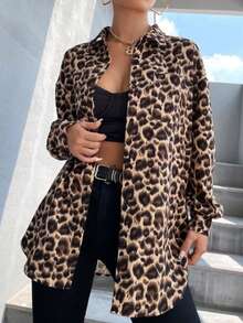 Camisa de manga larga con estampado de leopardo y caída en los hombros - Multicolor - Ver 4