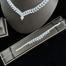 4pcs/Set Luxury Fashion V-Shape Cubic Zirconia Necklace Set, Silver-Color Jewelry Suitable For Weddings, Parties, Galas, Gifts For Women - White - View 5