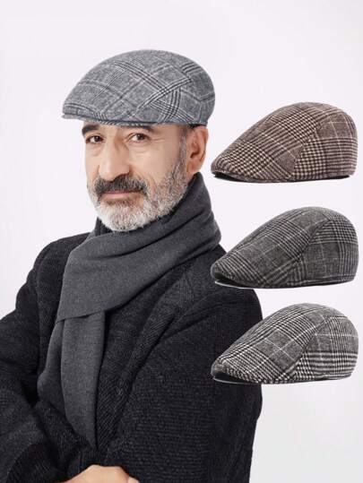 1pc Men Spring/Autumn Checkered Beret Hat, Winter Woolen Beret Hat, Versatile Casual Outdoor Wear English Style Newsboy Cap
